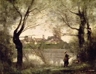Blick auf die Stadt und Kathedrale von Mantes durch die Bäume, Abend